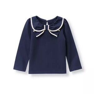 Janie and Jack Navy Bow Collar Long Sleeve Top with White Trim